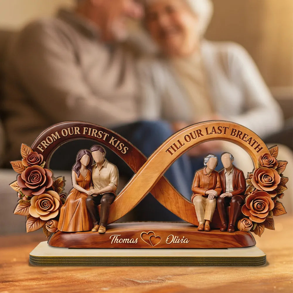 Personalized 2-Layer Wooden Plaque Infinity Couple With Roses, From Our First Kiss Quote, Unique Anniversary Gift For Him & Her