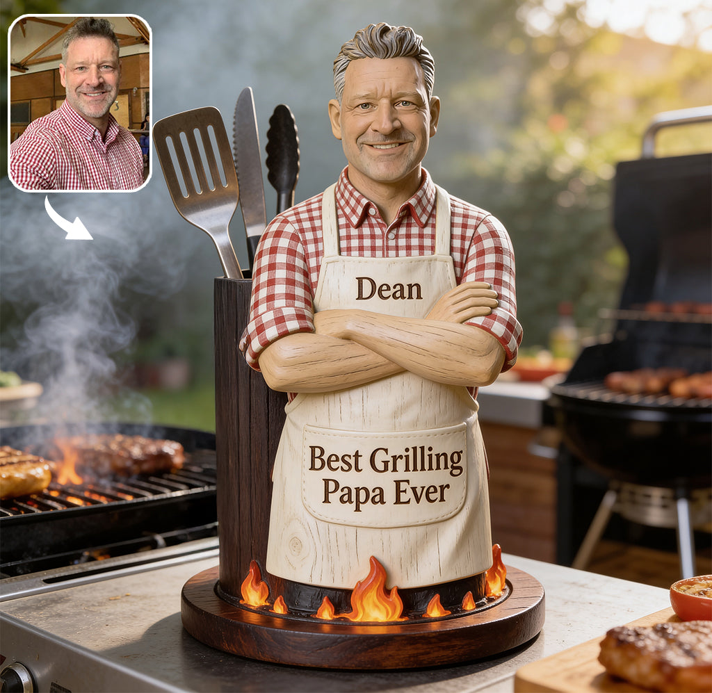 Best Dad Ever - Personalized Wooden Grilling Utensils Holder