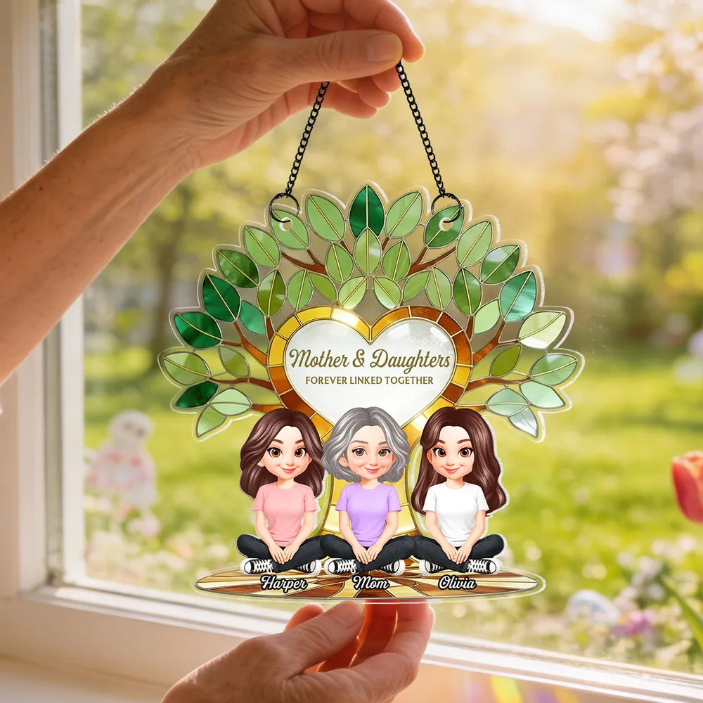Acrylic Suncatcher Ornament with Mother and Daughters Forever Linked Together - Personalized Sunlit Window Gift for Mom