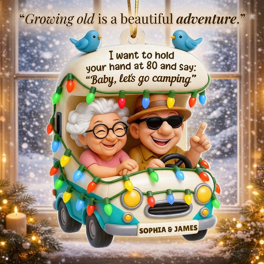 Personalized Camping RV Acrylic Ornament, Smiling Older Couple Road Trip Scene, Warm Holiday Decor, Creative Christmas Gift for Couples