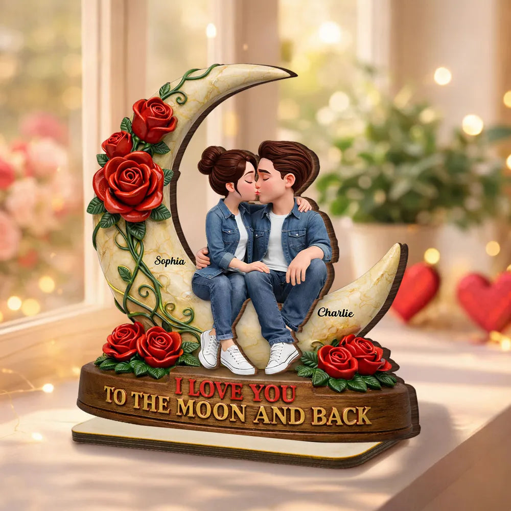 Personalized 2-Layer Wooden Plaque Kissing Couple on Crescent Moon Romantic Unique Gift for Wife or Girlfriend
