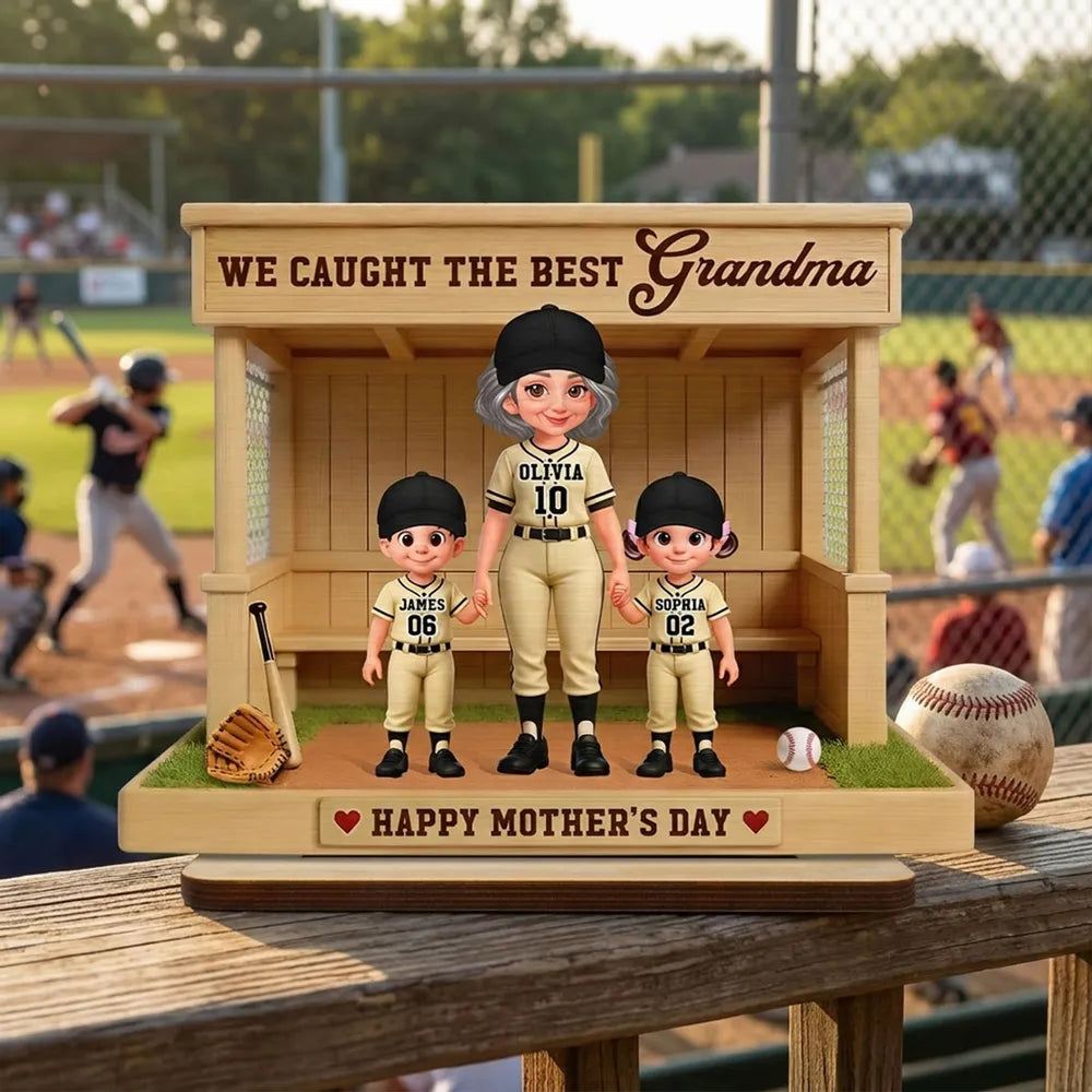 Personalized 2-Layer Wooden Plaque with Baseball Grandma and Grandkids in a Dugout - Unique Mother's Day Gift