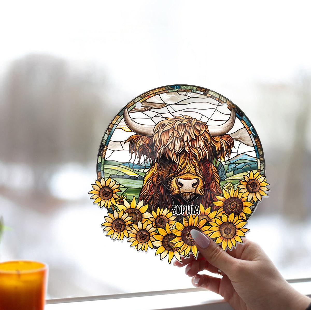 Baby Cow Sunflower - Personalized Window Hanging Suncatcher Ornament