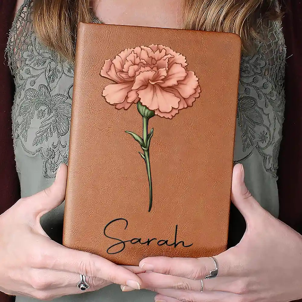 Personalized Leather Journal with Birth Month Flower Art, Custom Name Keepsake Notebook, Unique Gift for Her