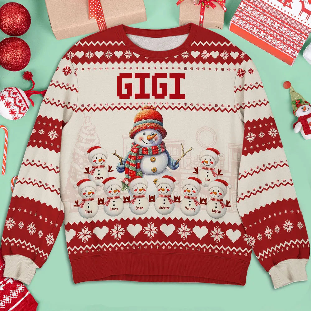 Personalized Grandma Title (GIGI/NANA) Snowman Family Sweater, Customizable Snowman Numbers, Unique Christmas Gift