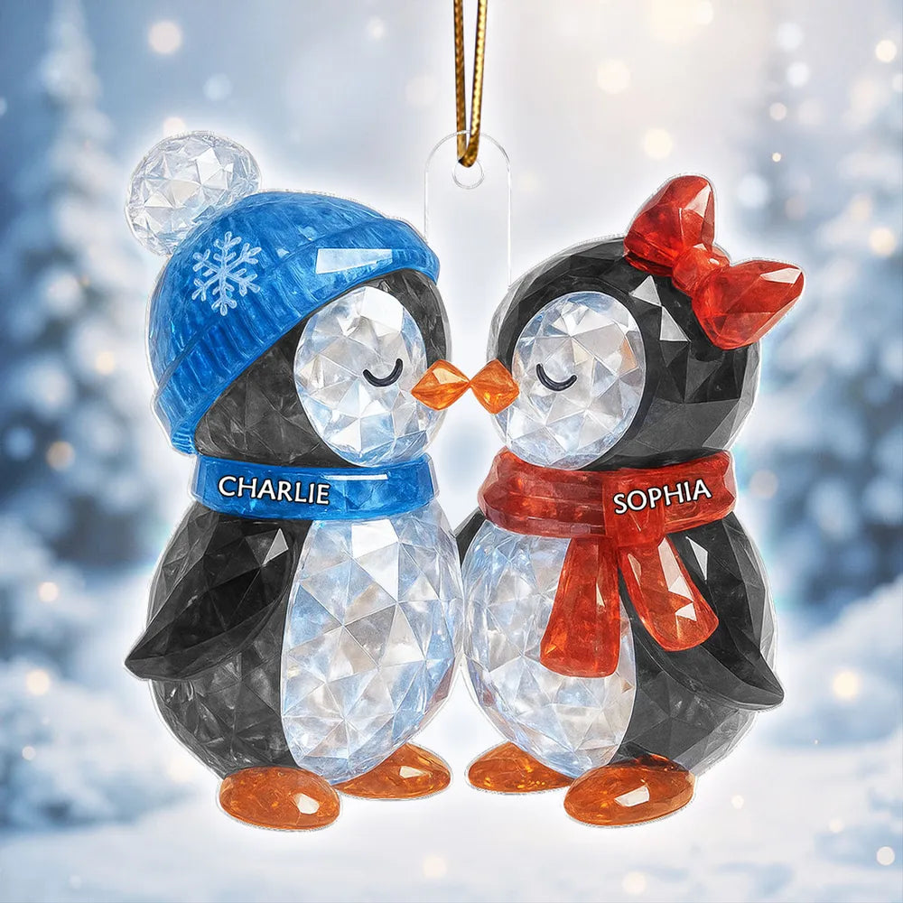 Personalized Acrylic Ornament with Kissing Penguin Couple – Cute Winter Scene, Festive Decor & Unique Christmas Gift