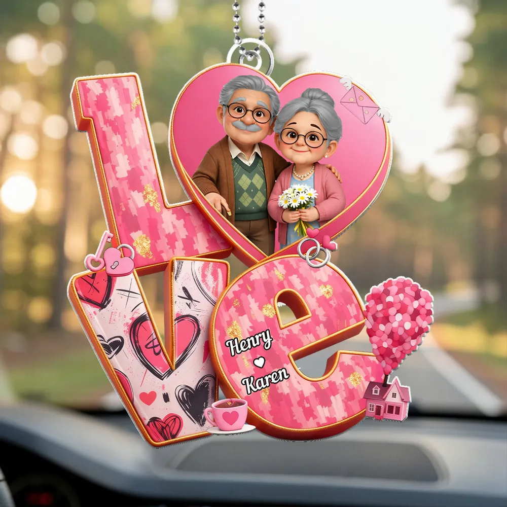 Personalized Acrylic Car Hanger, Cute Elderly Couple in Heart LOVE Design, Sweet Rearview Mirror Decor, Unique Gift for Couples