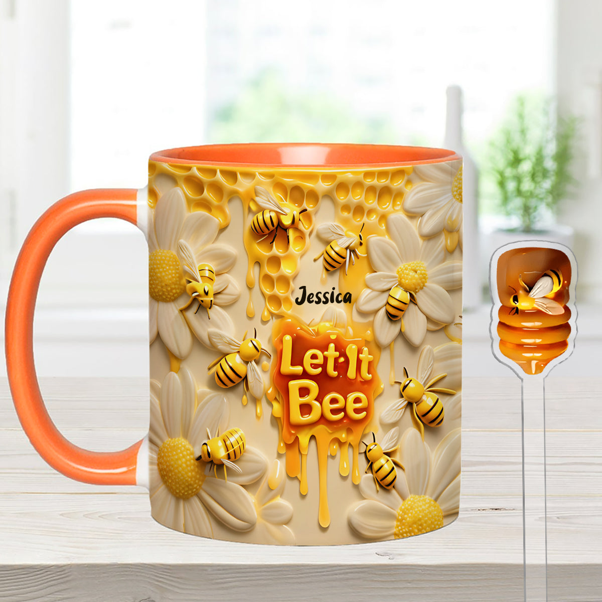 Let It Bee, Bee Flowers - Personalized Bee Set Accent Mug with Acrylic Stirrers