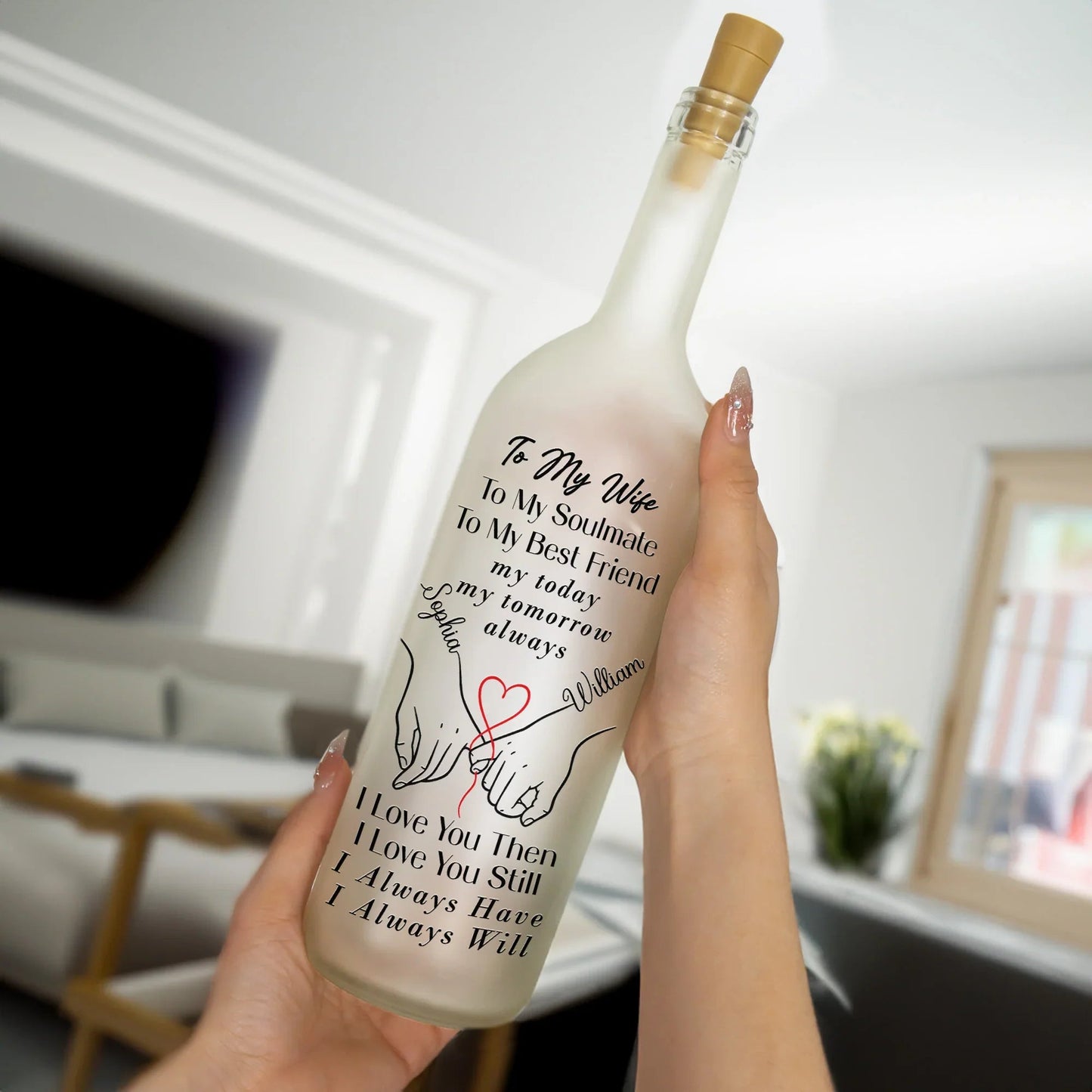 Personalized Bottle Lamp for Wife with Love Quote and Holding Hands Design, Warm Glow Bedroom Decor, Unique Romantic Gift