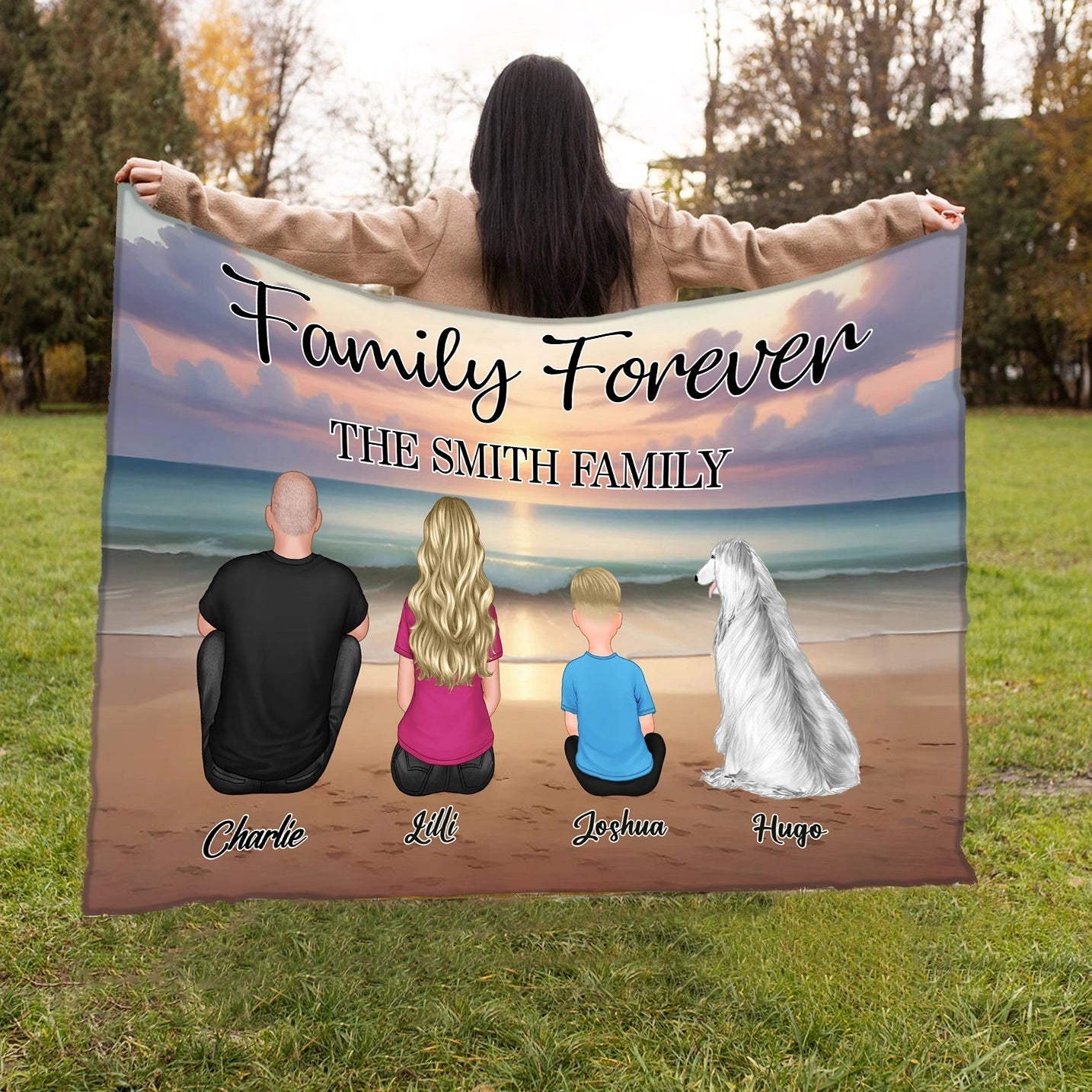 Family Forever Beach Design - Personalized Blanket, Pillow, Plaque, Keychain, Poster and Wallet Card, Unique Gift