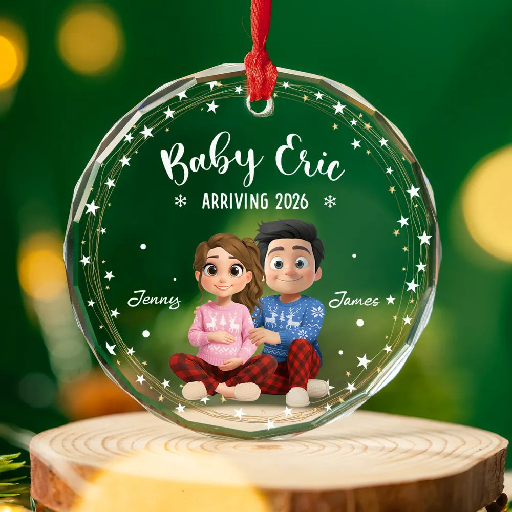 Crystal Ornament for Baby Announcement with cute couple illustration, heartwarming keepsake and perfect family gift