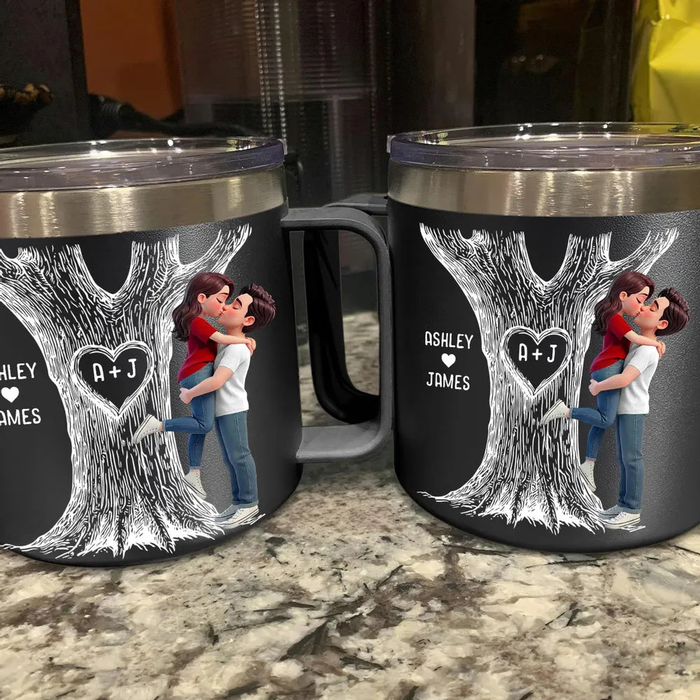Personalized Stainless Steel Coffee Mug with Kissing Couple & Heart Initials Tree, Unique Romantic Gift for Him or Her