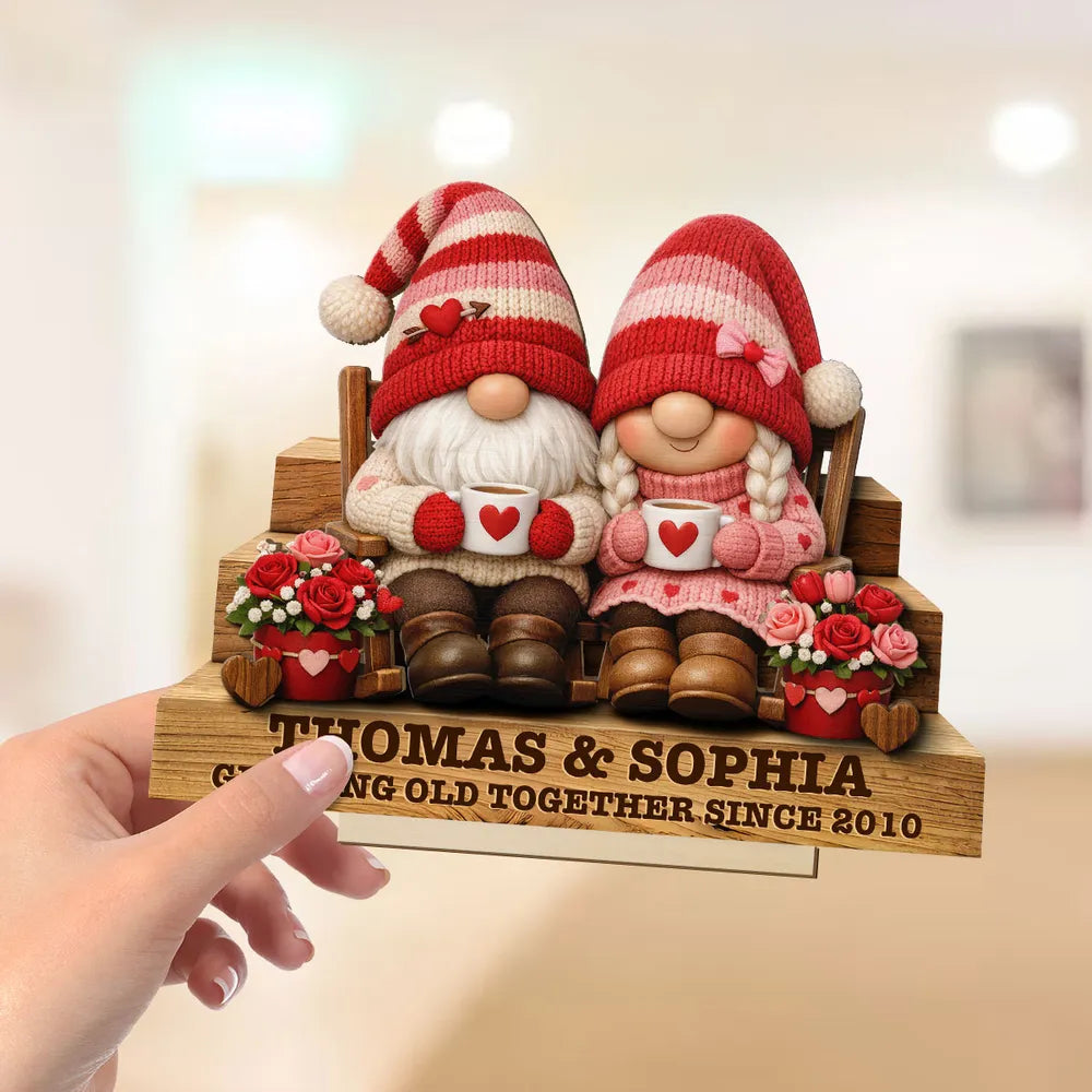 Personalized 2-Layer Wooden Plaque Gnome Couple on Bench with Heart Mugs, Cozy Home Decor, Unique Gift for Couple