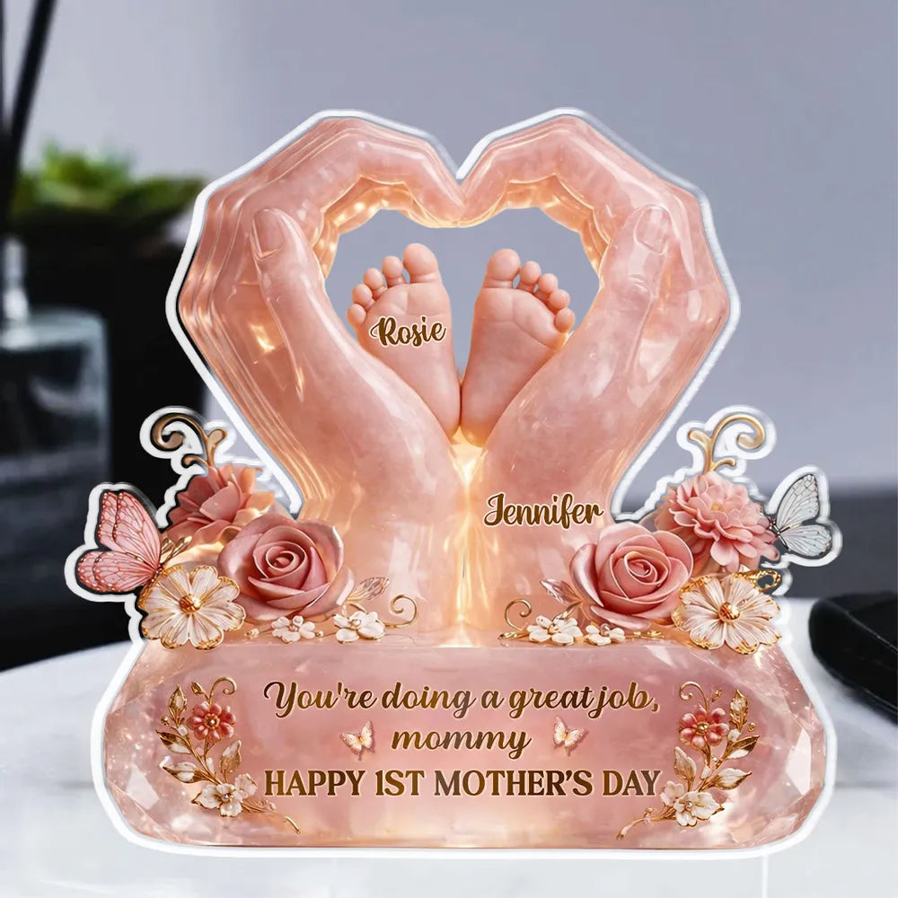 Personalized Shaped Acrylic Block Plaque for Mom, Baby Feet in Heart Hands, Mother's Day Keepsake, Unique Gift