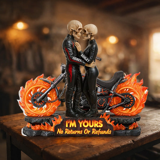 Personalized Shaped Acrylic Block Plaque Skeleton Biker Couple Hugging on Flame Motorcycle, Funny Romantic Gift for Couple