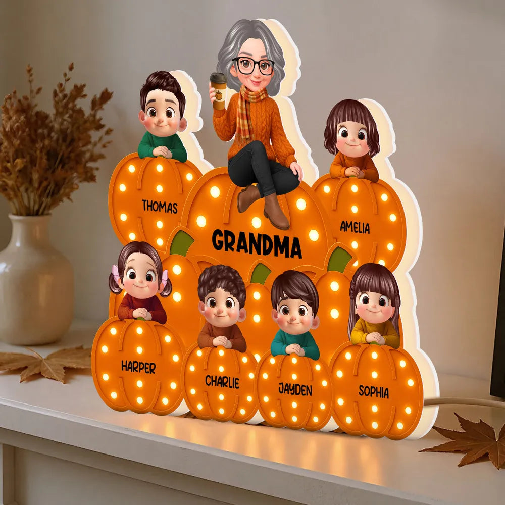 Personalized Acrylic Light Box for Grandma and Grandkids, pumpkin stack design, warm glow, fall décor keepsake, perfect gift for Halloween and Thanksgiving