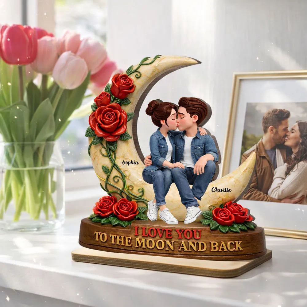 Personalized 2-Layer Wooden Plaque Kissing Couple on Crescent Moon Romantic Unique Gift for Wife or Girlfriend