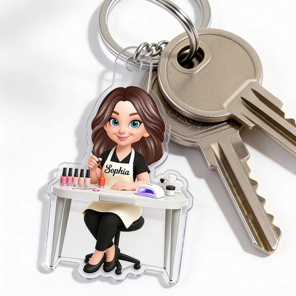 Personalized Nail Technician Acrylic Keychain, Cute Salon Desk Cartoon Charm, Unique Gift for Her