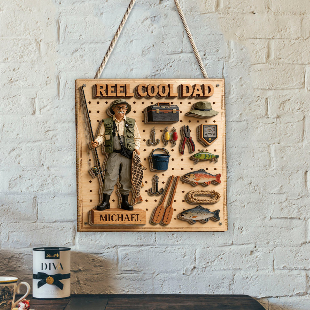 Dad Loves Fishing - Personalized Father 2 Layered Wood Sign / Wood Plaque