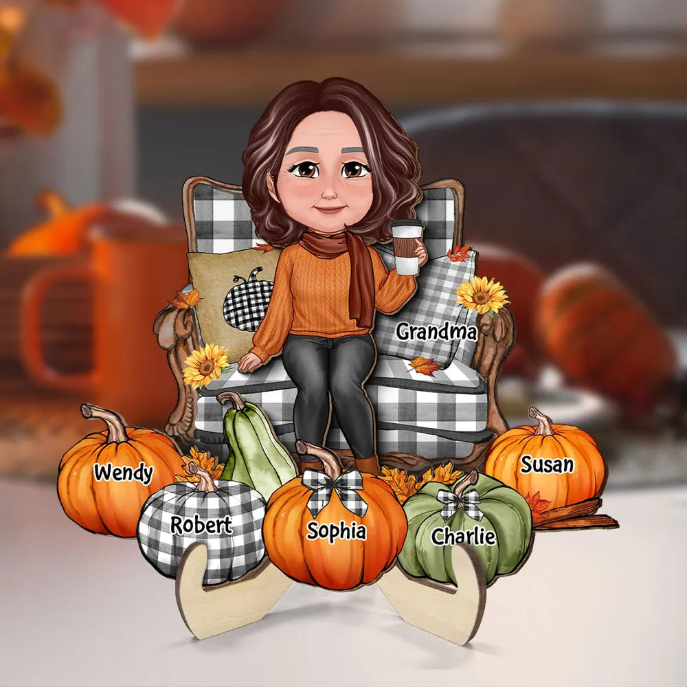 "Personalized Grandma's Autumn Pumpkin Ornament, Poster, Keychain, Plaque, Pillow & Blanket and Cup - A Heartwarming Gift for Loved Ones"