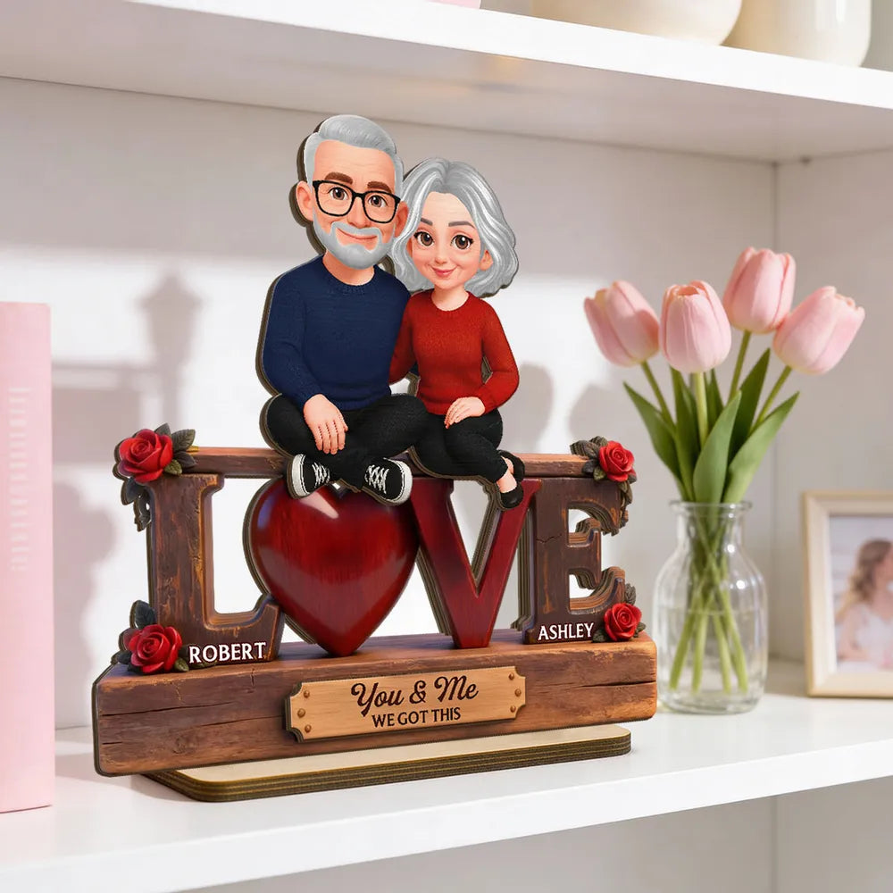 2-Layer Wooden Plaque with Cute Couple on LOVE Sign and Red Heart, Personalized Keepsake for Your Favorite Person