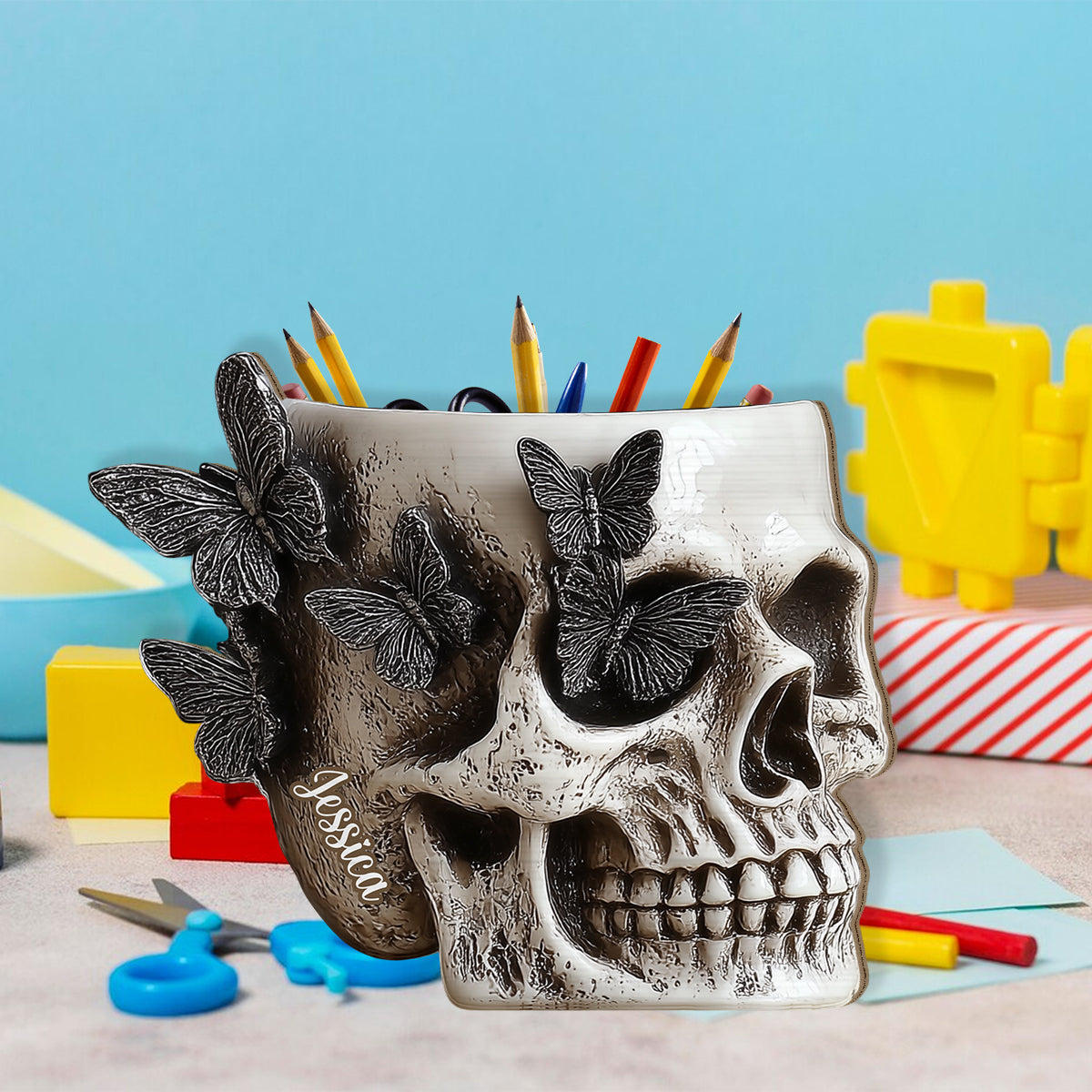 Butterfly Skull - Personalized Skull Wooden Pen Holder