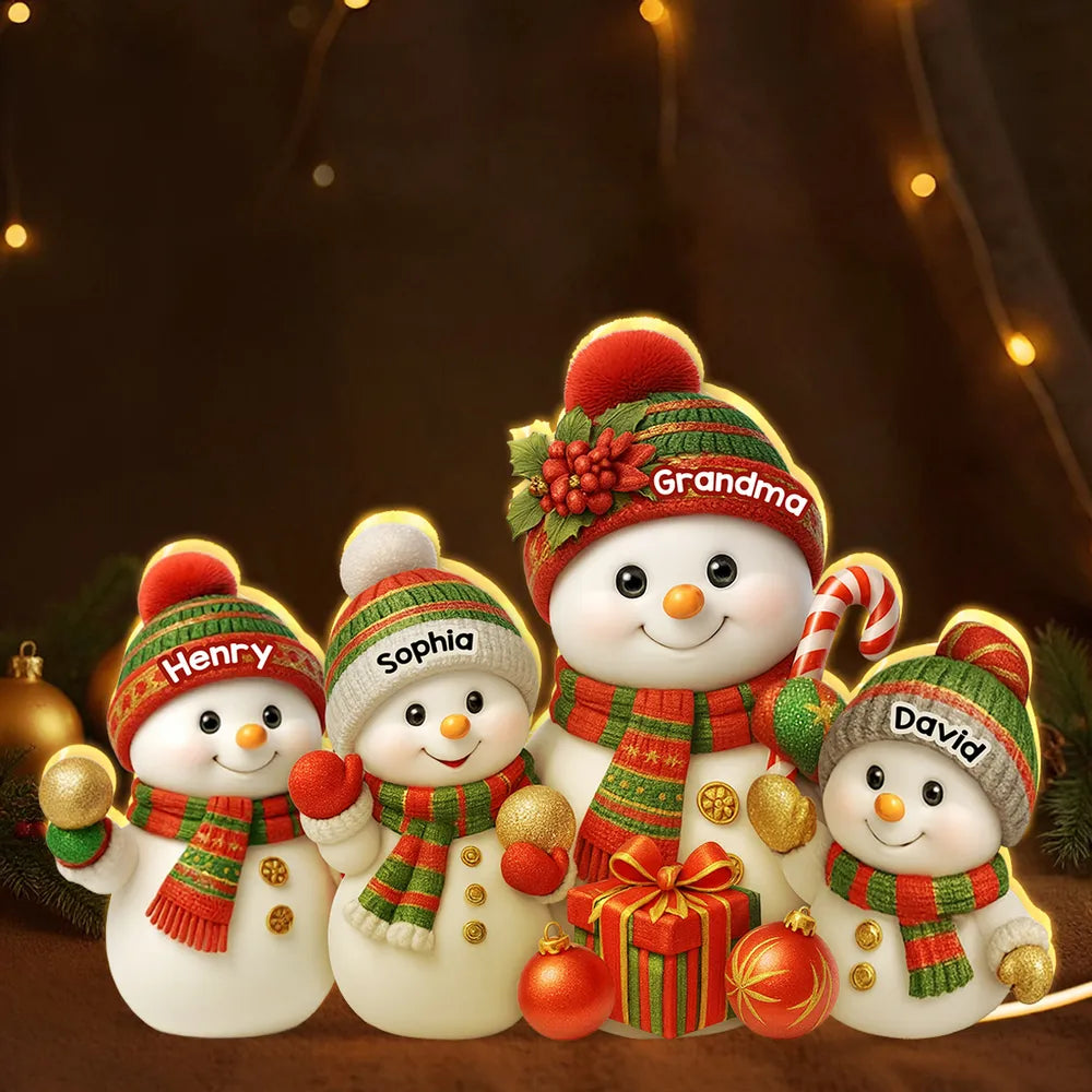 Personalized Acrylic Light Box with Grandma Snowman & Grandkids, Soft Warm Glow Christmas Décor, Unique Gift for Grandma
