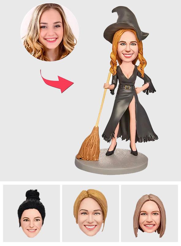 Black Witch With Broom - Personalized Witch Broom Bobblehead