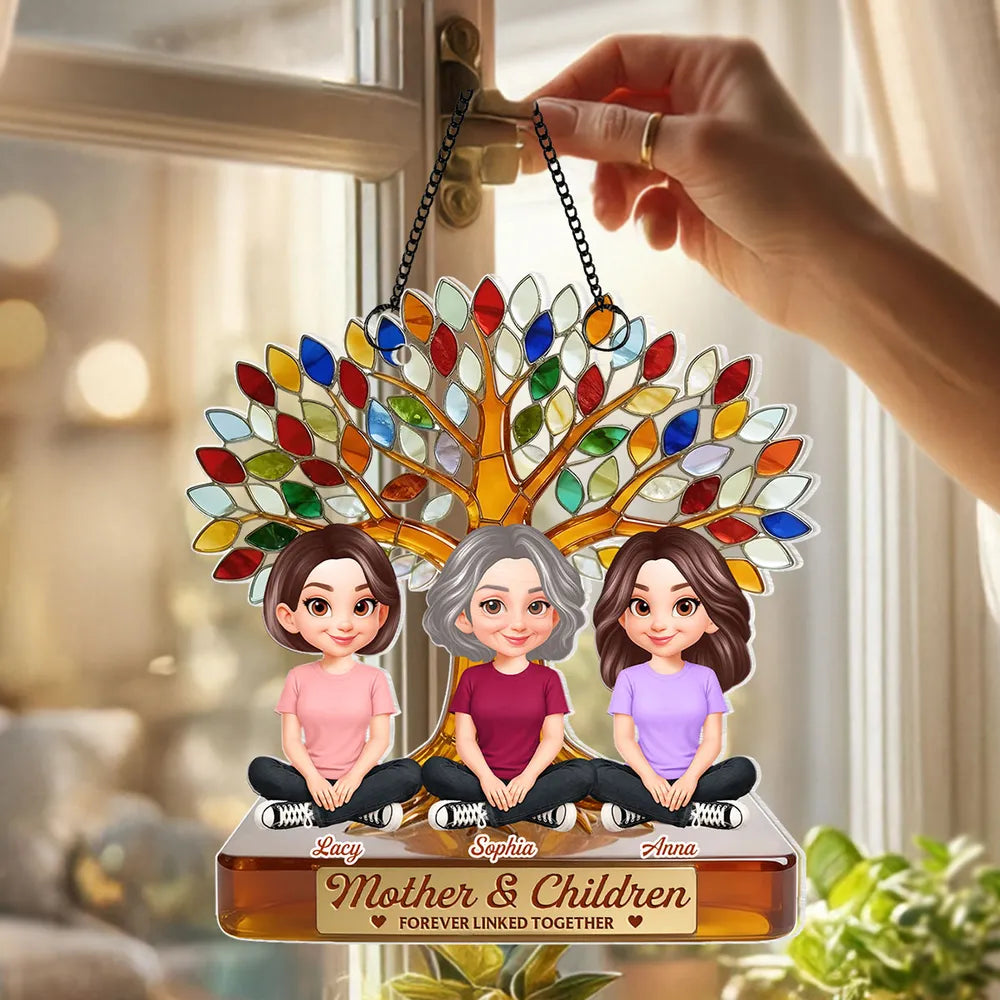Personalized Acrylic Suncatcher Ornament for Mom, Mother and Children Under Colorful Tree, Unique Gift That Lights Up Any Window
