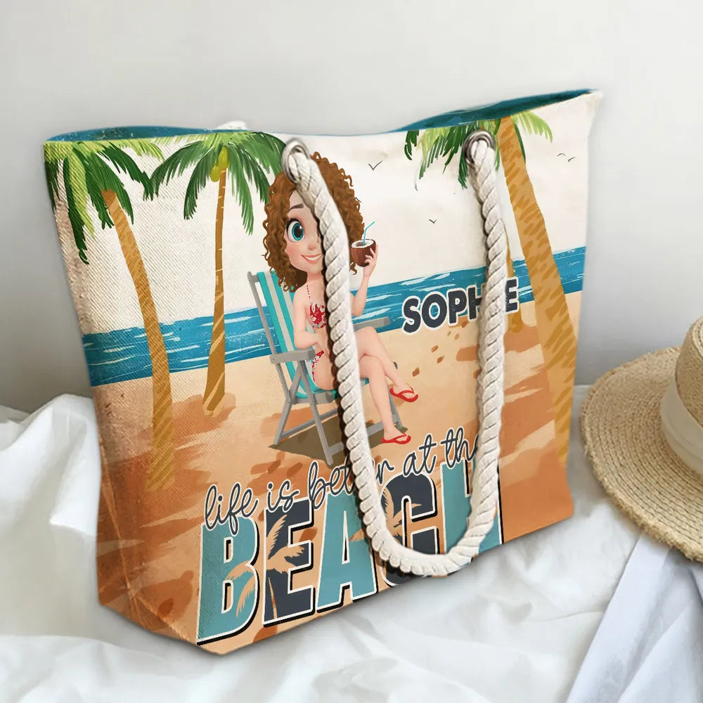 Personalized Rope Handle Canvas Bag, Life Is Better at the Beach Tropical Lounge Scene, Unique Custom Gift