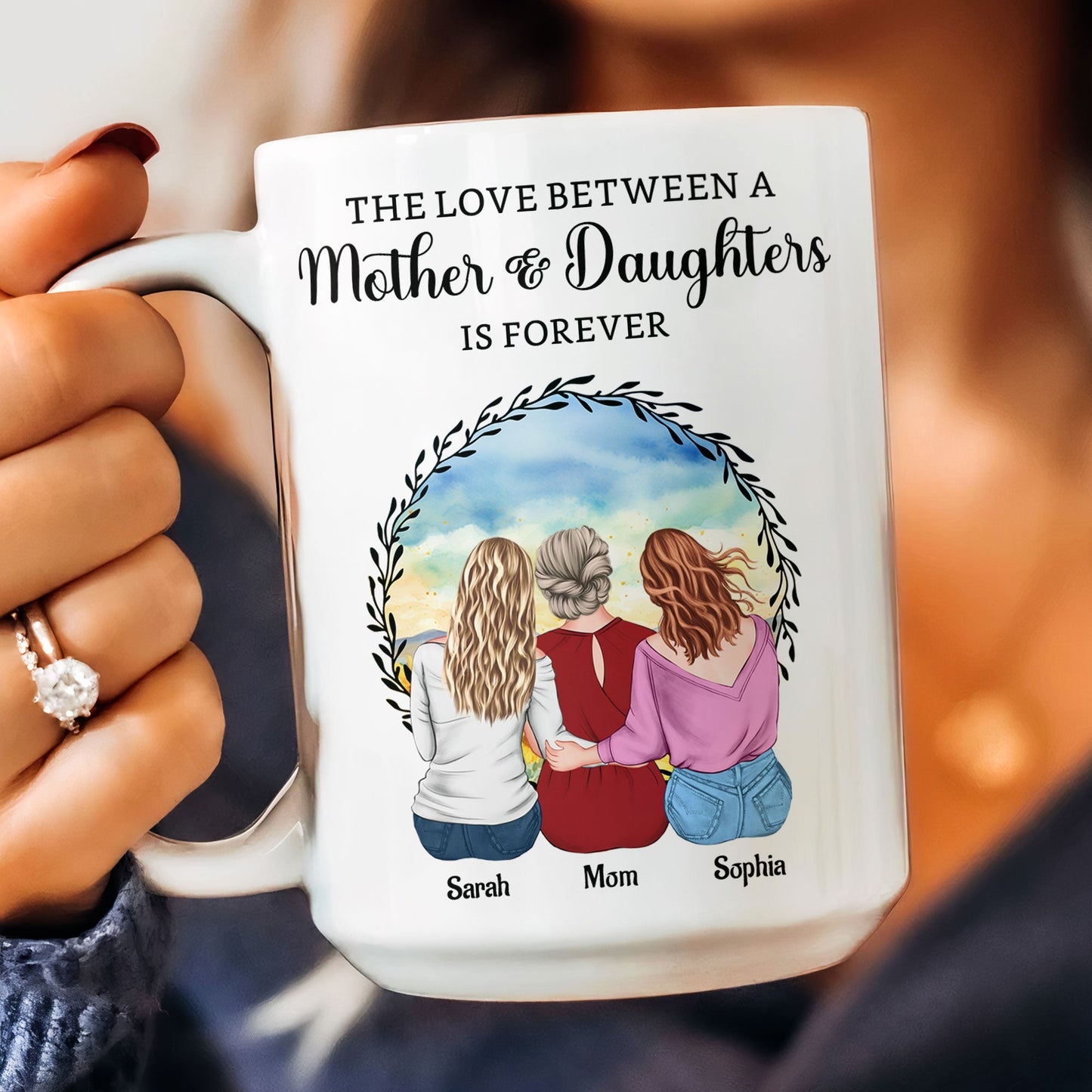 “The Love Between a Mother & Daughters” Birth Moon Ceramic Mug, Personalized Gift for Mom or Daughter