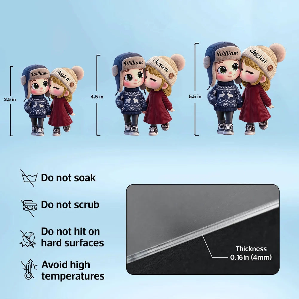 Personalized Acrylic Car Hanger Cute Cartoon Kissing Couple in Winter Hats, Unique Romantic Gift for Husband or Wife