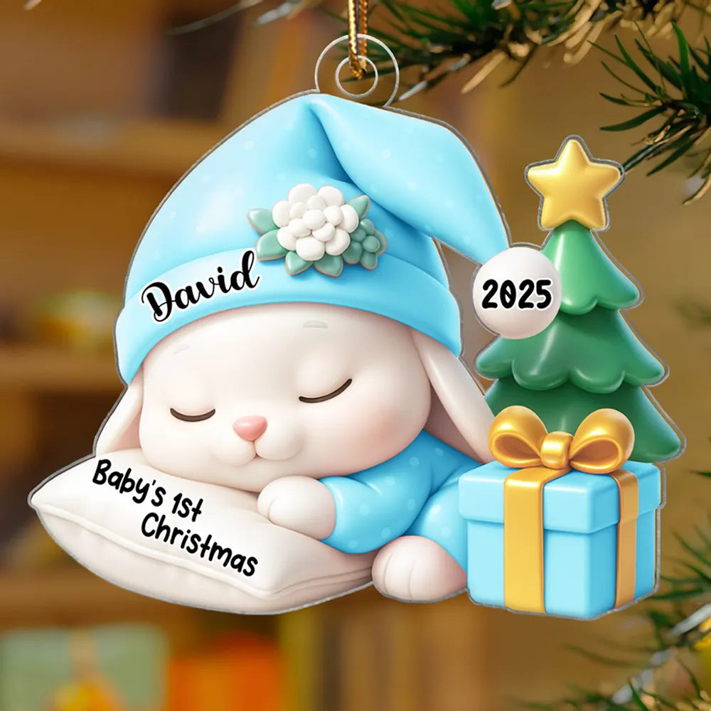 Acrylic Ornament for Baby’s First Christmas – sleeping bunny with tree and gift, pastel blue, gift-ready keepsake for new parents