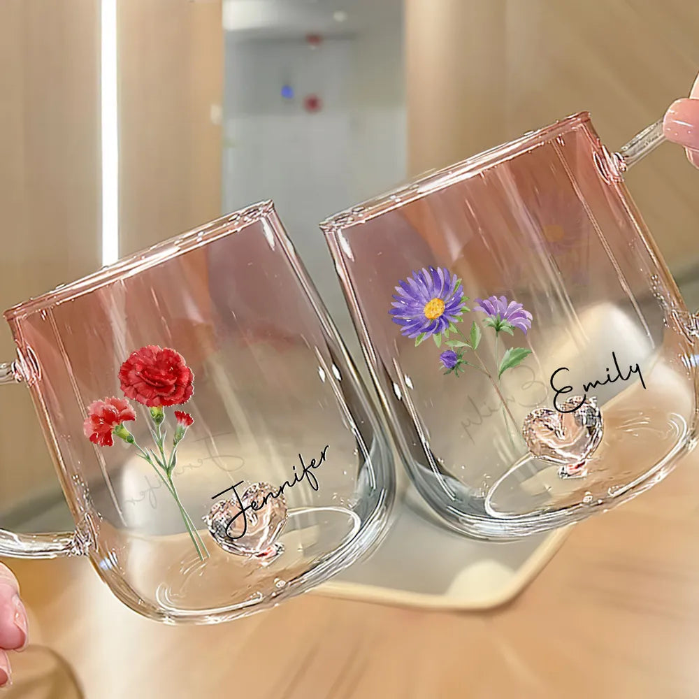 Gradient Glass Mug with Floral Print and Heart-Shaped Base, Elegant Gift Choice