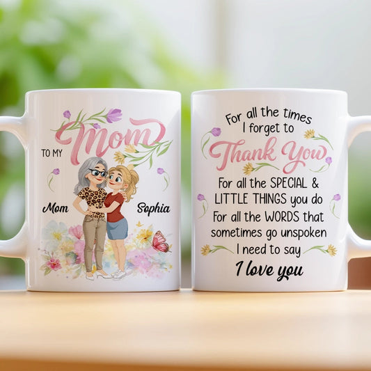 Personalized Ceramic Mug for Mom - Custom Hugging Mom and Daughter Design, Floral Thank You Quote, Unique Gift