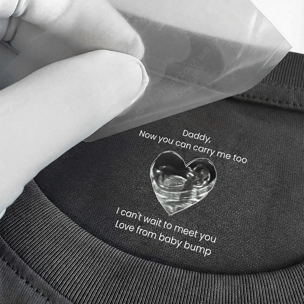Personalized Hidden Message Neck Tag Classic Tee, Daddy I Can't Wait To Meet You, Heart Sonogram Gift for Dad