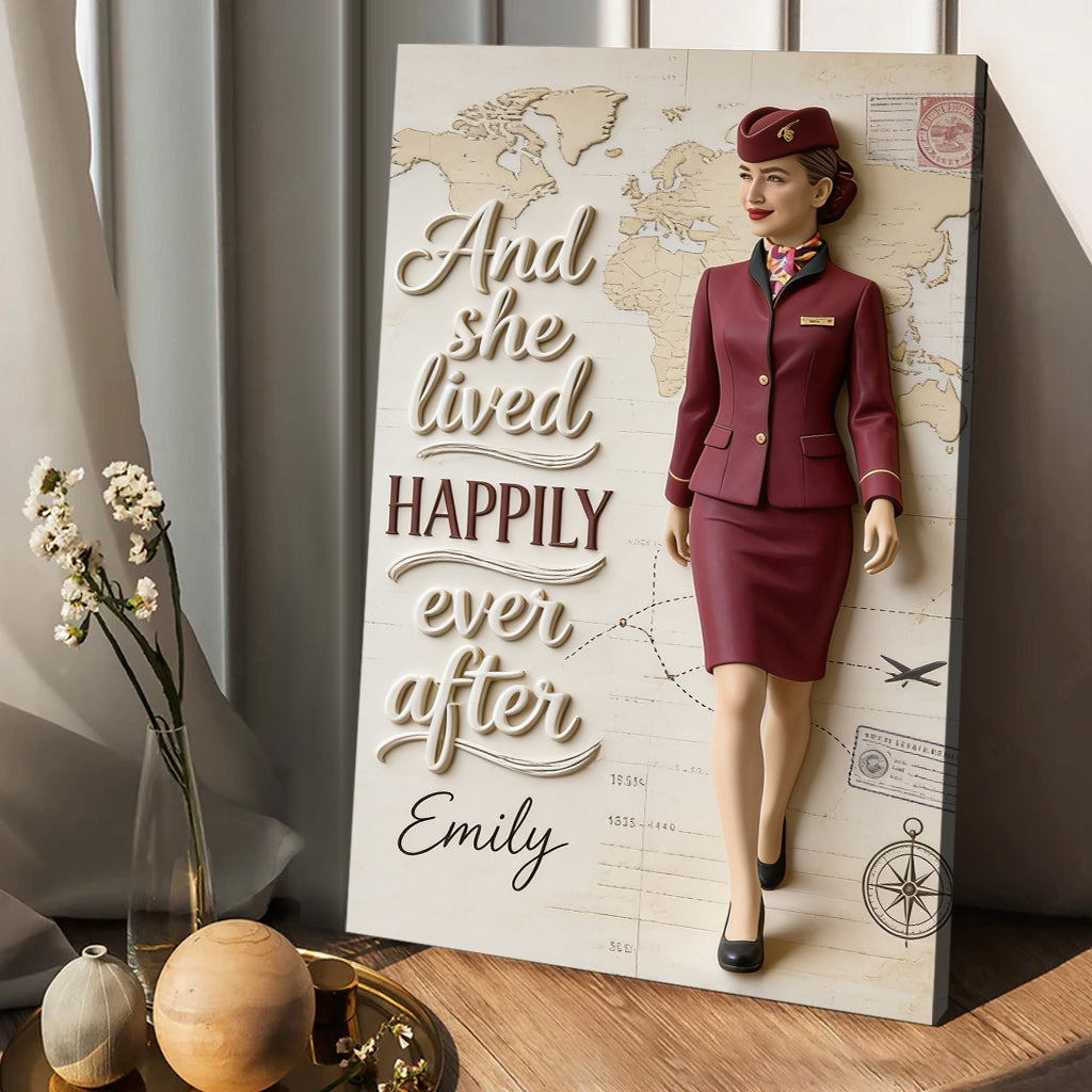 And She Lived Happily Ever After - Personalized Flight Attendant Canvas And Poster