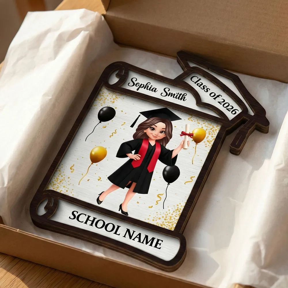 Class of Graduation 2-Layer Wooden Plaque Personalized Keepsake With Cap And Balloons For Desk Or Shelf Heartfelt Gift