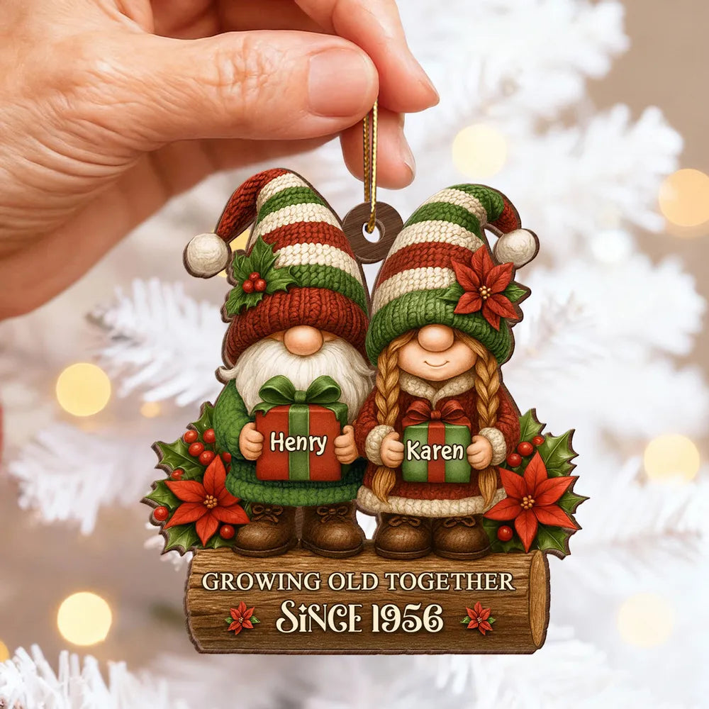 Wooden Ornament with Christmas Gnome Couple Holding Gifts, Clear Print, Perfect Holiday Gift for Couples