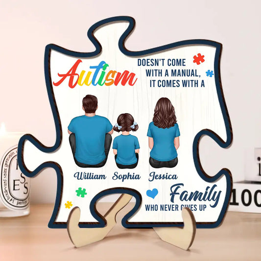 2-Layer Wooden Puzzle Plaque – Autism Family Quote “Family Who Never Gives Up” – Custom Parent & Child Back View Gift