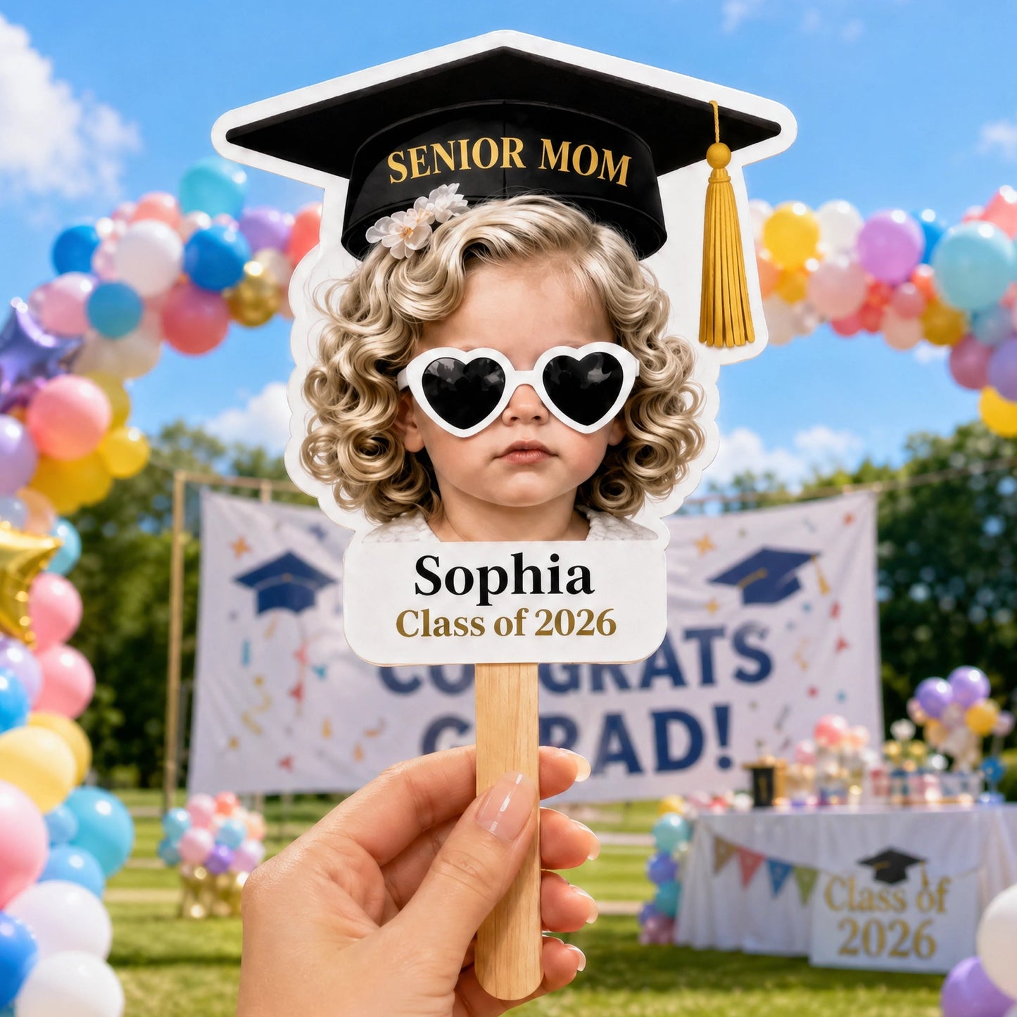 Personalized Graduation Foam Board Fan with Cap & Heart Sunglasses - Unique Congrats Gift for the Graduate