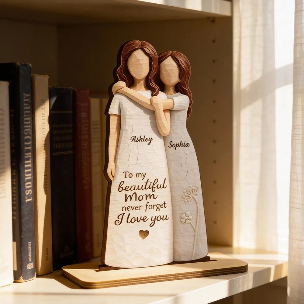 2-Layer Wooden Plaque Personalized for Mom, Sweet Mom and Daughter Hug Decor, Unique Gift With 'Never Forget I Love You'