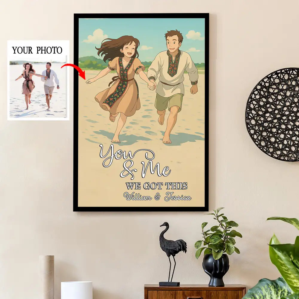 Custom Photo-to-Cartoon Poster – “You & Me, We Got This” Beach Illustration, Upload Photo & Names