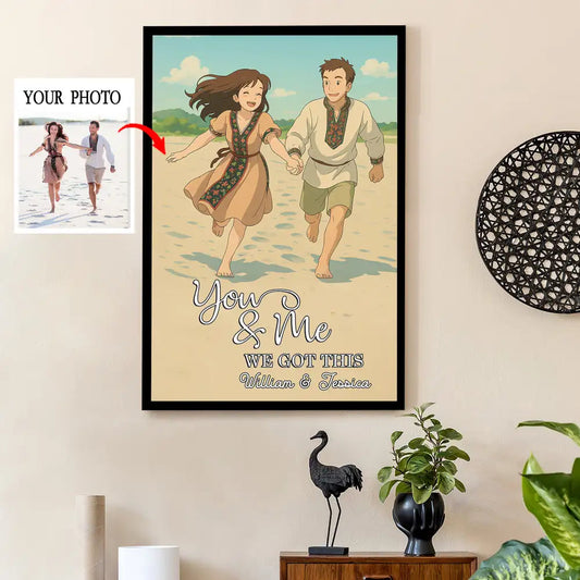 Custom Photo-to-Cartoon Poster – “You & Me, We Got This” Beach Illustration, Upload Photo & Names
