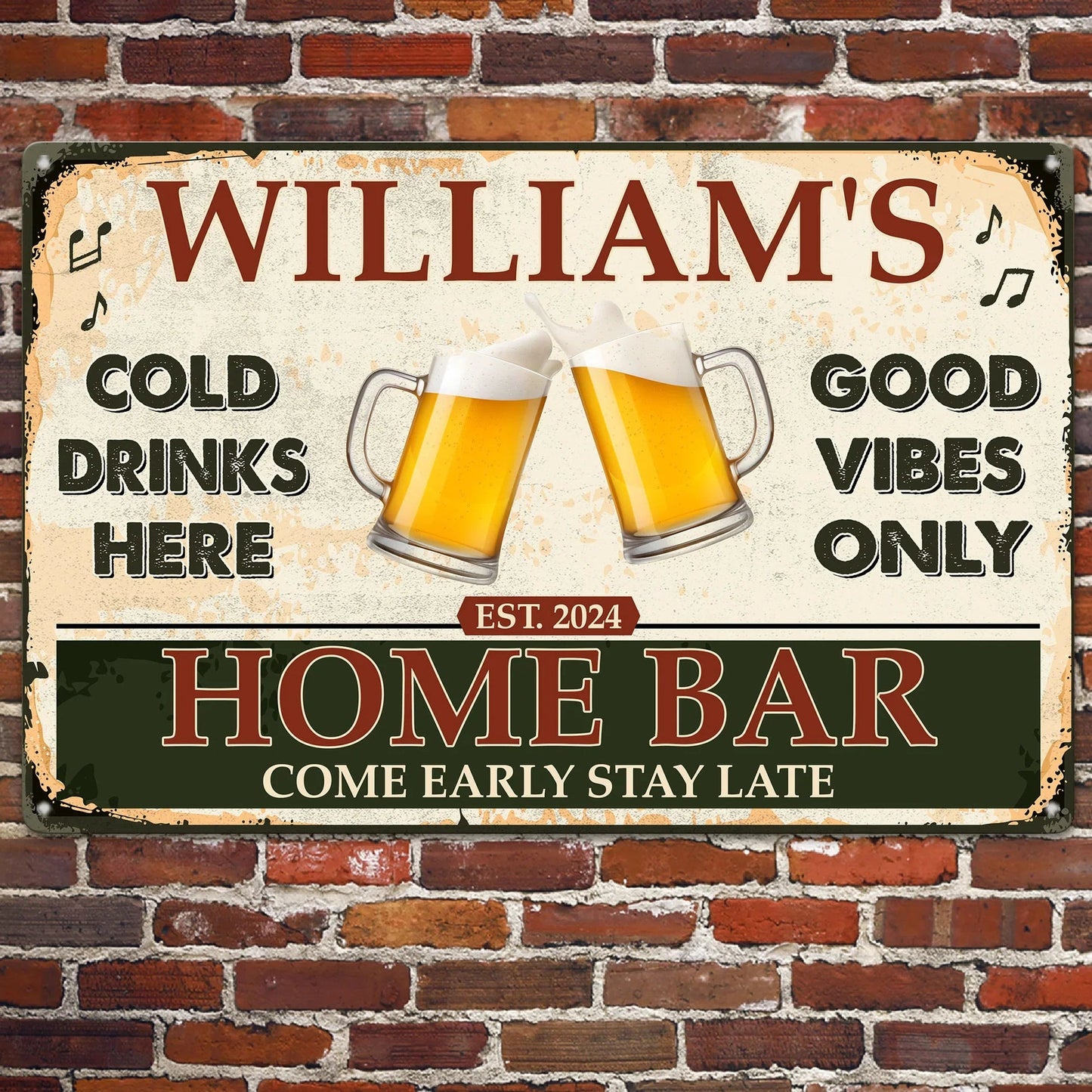 Personalized Home Bar Rectangular Iron Sign with Clinking Beer Mugs - Cold Drinks Here, Unique Gift for Dad