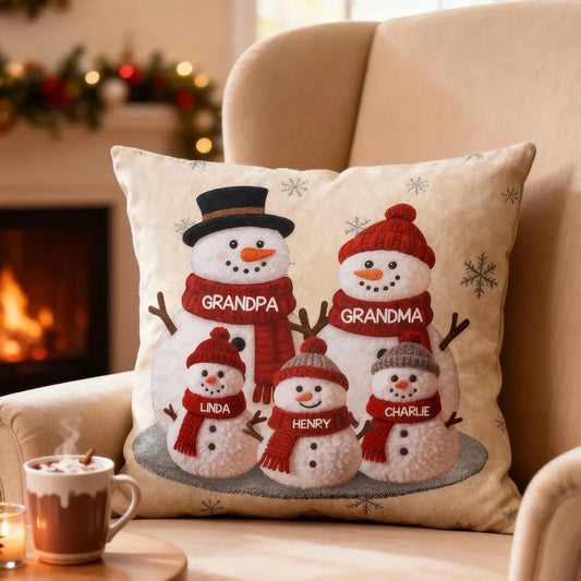 Square Pillow, Snowman Family Christmas Design, Personalized Holiday Decor, Cozy Accent for Grandma & Grandpa, a Unique Gift
