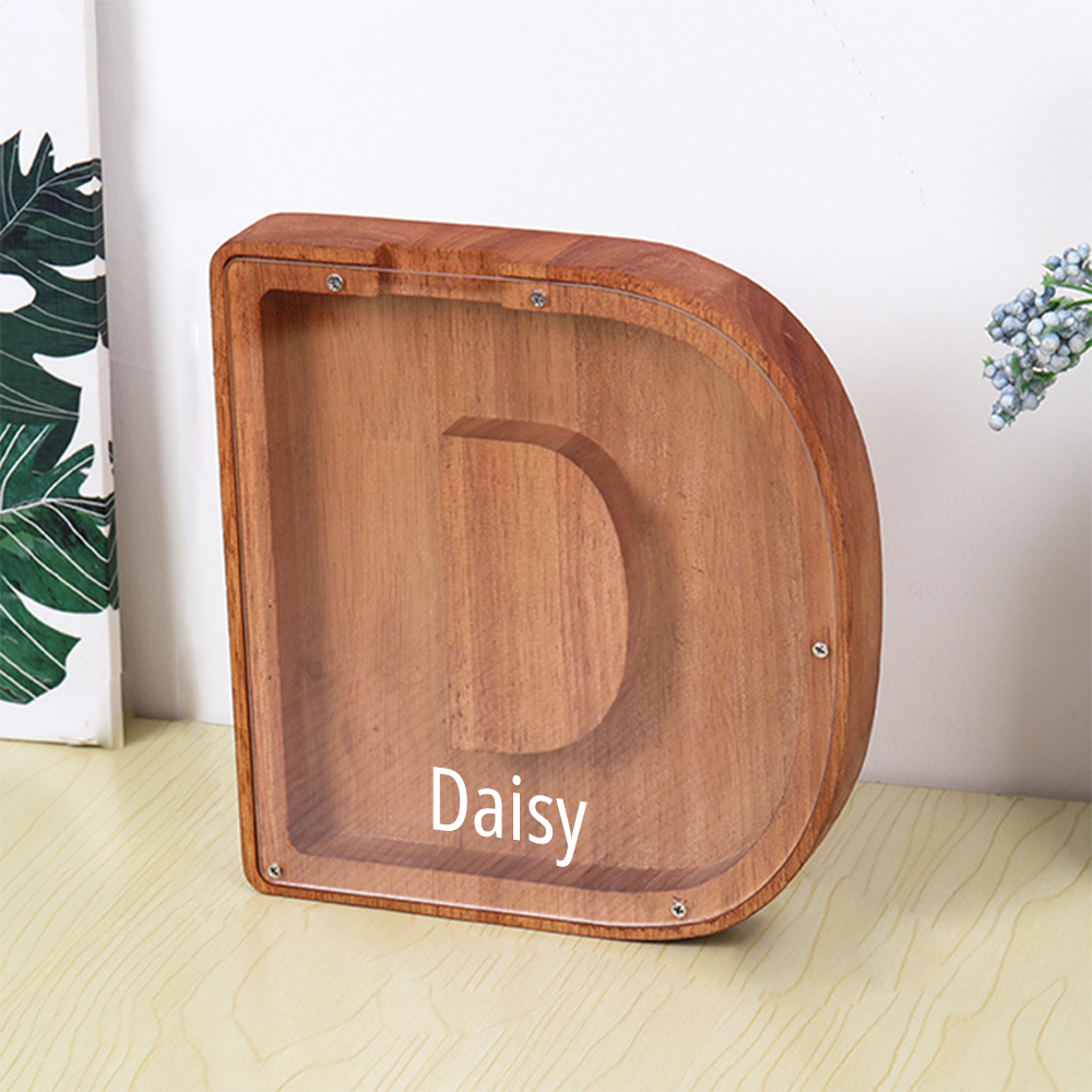 Custom Initial And Name - Personalized Letter And Name Brown Wooden Piggy Bank