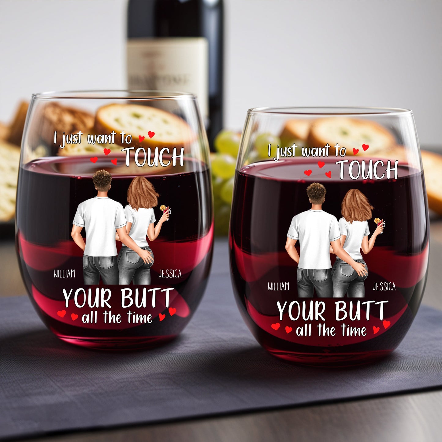 Personalized Valentine's Day Wine Glass - "I Just Want to Touch Your Butt" Funny Gift for Couples
