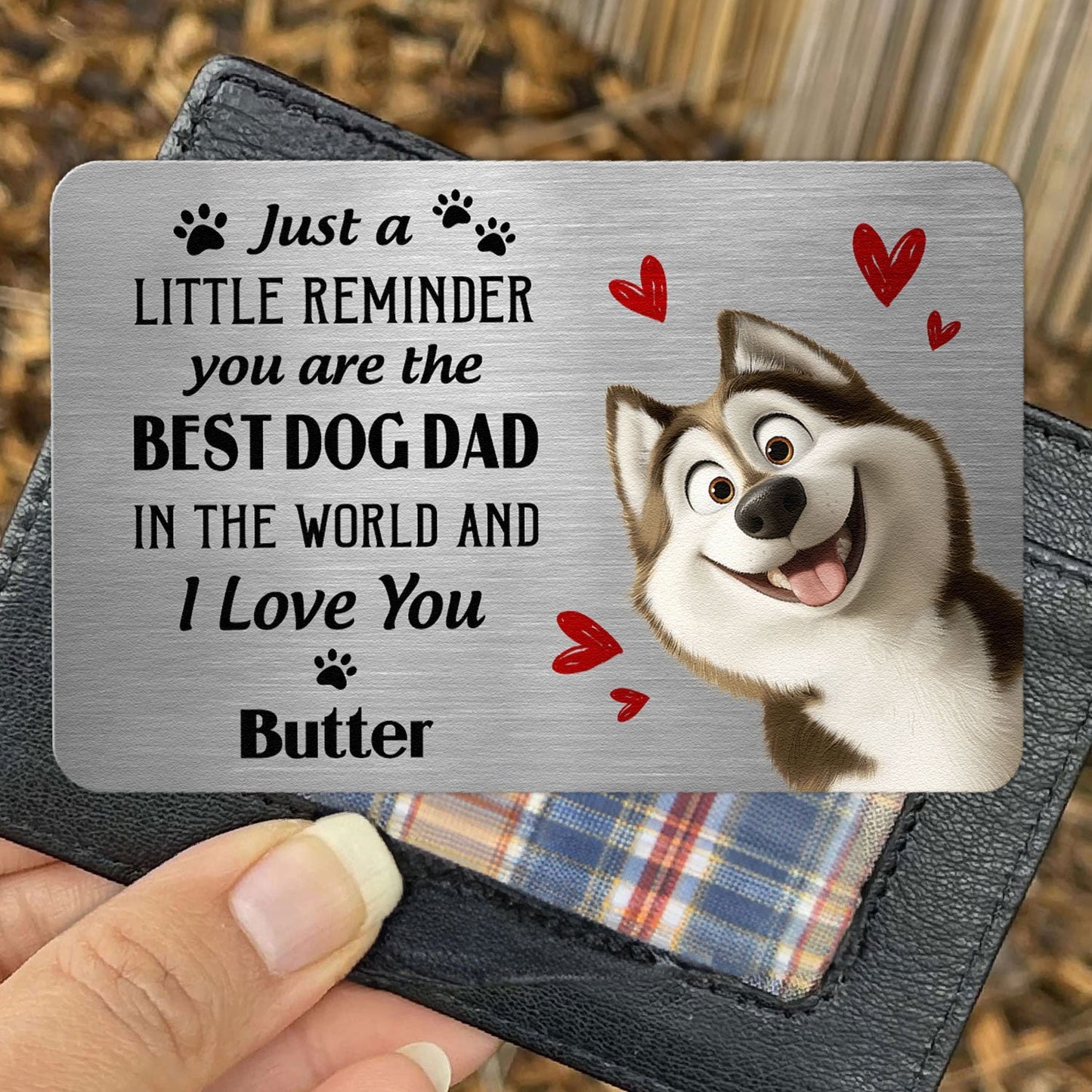 Customized Metal Wallet Card for Dog Dads – A Special Gift for Dog Lovers with Heartwarming Message and Husky Image