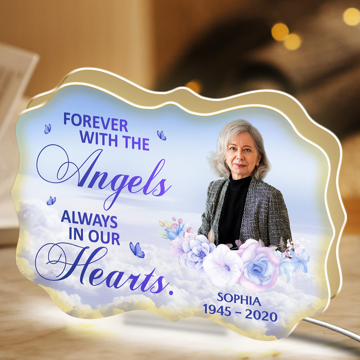 Personalized Acrylic Light Box Memorial Keepsake with Angel Clouds & Soft Glow, Unique Sympathy Gift